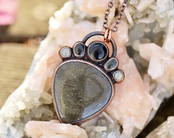 Obsidian and Prehnite Pendant Necklace - Silver Sheen Obsidian Pendant - Crystal Pendant Necklace - Copper Pendant