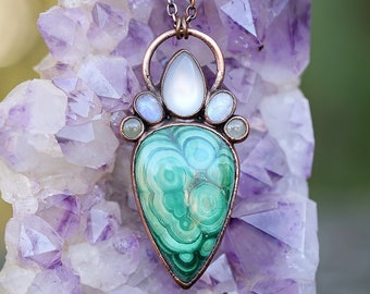 Malachite, Moonstone and Prehnite Pendant Necklace - Malachite Talisman - Crystal Pendant - Copper Necklace