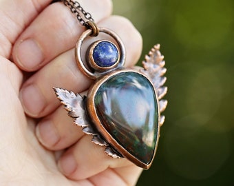 Bloodstone Lapis Lazuli and Fern Pendant Necklace - Crystal Necklace - Gothic Necklace - Electroform Necklace - Bloodstone Necklace