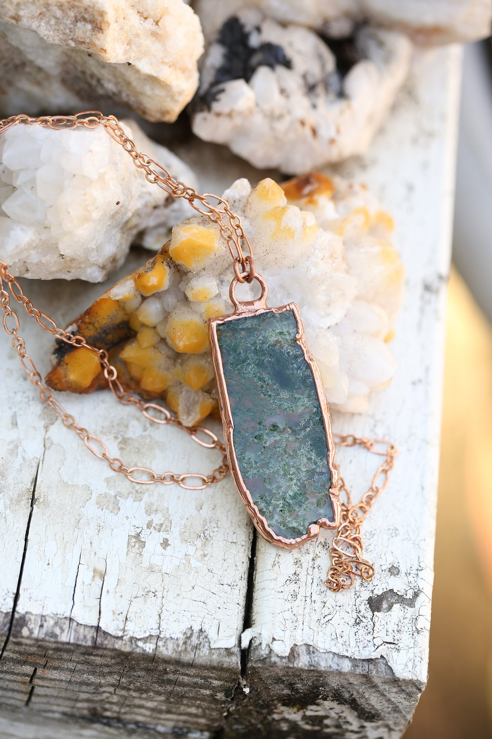Moss Agate Pendant Necklace Copper Electroformed Necklace Etsy