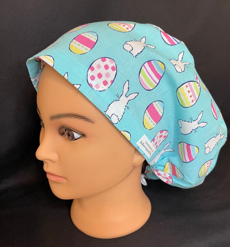 Blue Easter Bunny and Egg Bouffant Scrub Hat with elastic and toggle