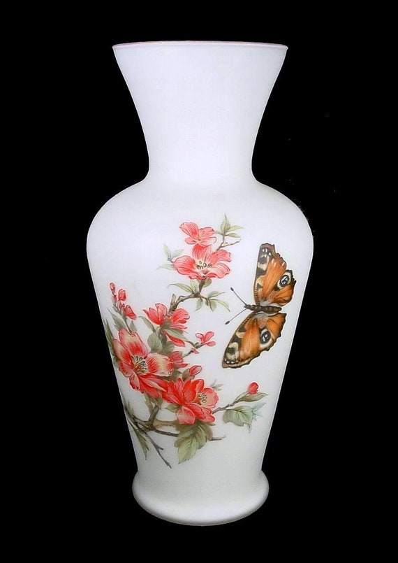 Flower Vase White Satin Glass 11 Hand Painted Cherry Etsy