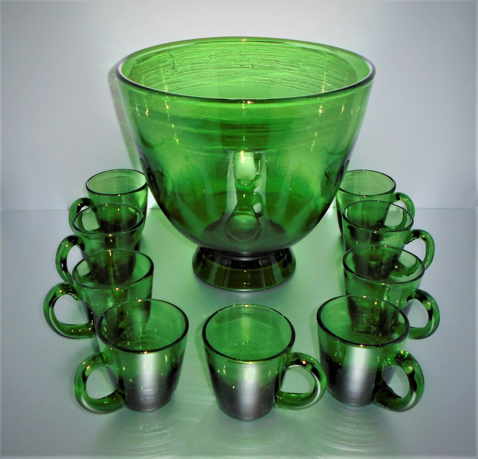 Vintage Hand Blown Glass Footed Green Punch Bowl Set NINE Etsy