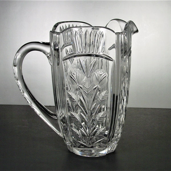Polish Crystal Water Pitcher, Hand Cut Flowers and Leaves