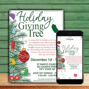 Holiday Giving Tree Flyer & Social Media Post Templates, Editable in Photoshop (Instant Download)