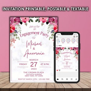 Engagement Party Invitation and Instagram template, Floral Digital Invite, Iphone Evite 2 Versions 1 Invite and 1 Post, Editable in Canva