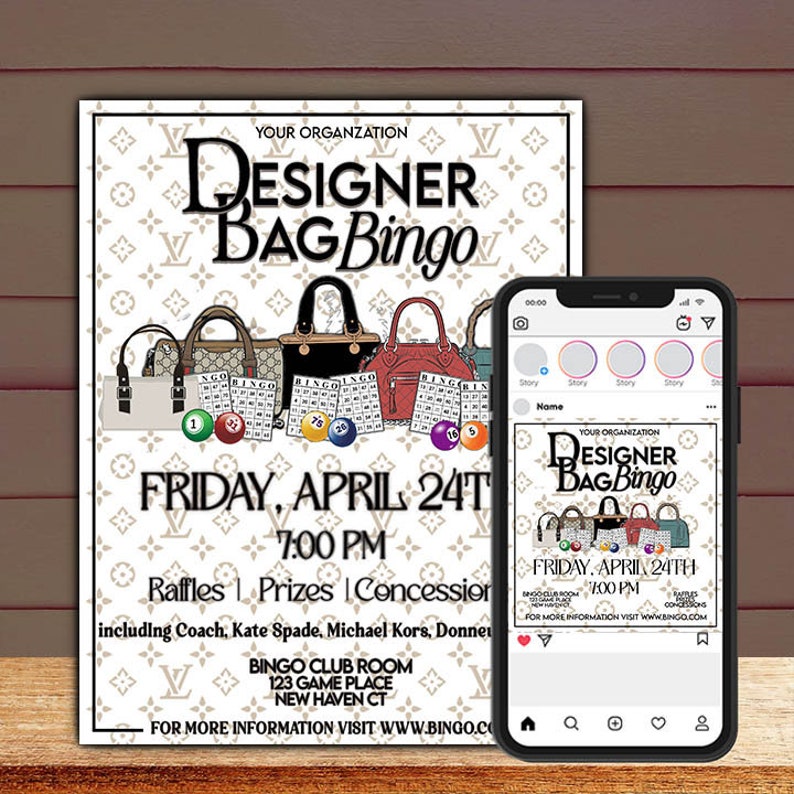 This is a listing for a Designer Bag Bingo Event flyer and Social media post template. Editable in Photoshop and optimized for printing, posting, emailing, and texting.