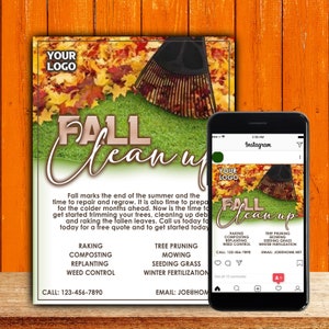 Könnte beinhalten: Ein Flyer, der Herbst-Reinigungsdienste mit einem Rechen und Herbstlaub auf einem grünen Rasen bewirbt. Der Flyer enthält den Text "Herbst-Reinigung" und listet Dienstleistungen wie Rechen, Kompostieren, Baumschnitt, Mähen, Grassamen und Winterdüngung auf. Der Flyer enthält auch eine Telefonnummer und eine E-Mail-Adresse für die Kontaktaufnahme.