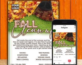 May include: A flyer advertising fall cleanup services with a rake and autumn leaves on a green lawn. The flyer includes the text "Fall Clean Up" and lists services such as raking, composting, tree pruning, mowing, seeding grass, and winter fertilization. The flyer also includes a phone number and email address for contact.