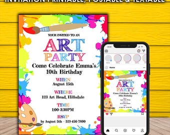 May include: Printable invitation for an art party celebrating a 10th birthday. The invitation features colorful paint splatters, a paintbrush, and a paint palette. The text reads "Your invited to an Art Party Come Celebrate Emma's 10th Birthday When August 15th Where 123 Art Road, Hillsdale Time 1:00-3:30PM RSVP by August 5th 123-456-7890".