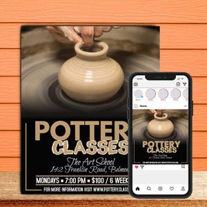 May include: A flyer advertising pottery classes at The Art School, located at 142 Franklin Road, Belmont. The flyer features a photo of a person shaping a clay pot on a pottery wheel. The text on the flyer reads "Pottery Classes", "Mondays 7:00 PM - $100 / 6 Weeks", and "For more information visit www.pottery.class".