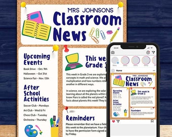 School Classroom Newsletter and Instagram Post Template, Digital Download, Email News, Editable in Canva, 1 Newsletter and 1 Instagram Post