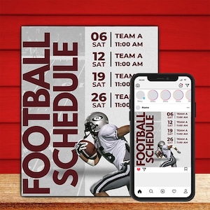Football Schedule Flyer and Instagram Post Template, Editable in Canva, Digital Download, Editable in Canva, 1 Flyer and 1 Instagram Post