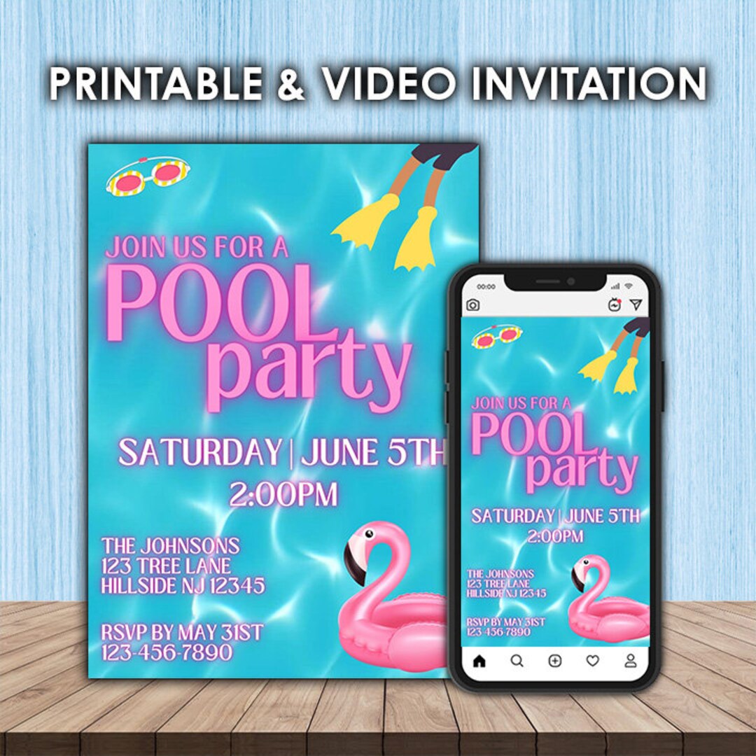 Pool Party Printable &amp; Video Invitation - Editable in Canva - Instant ...