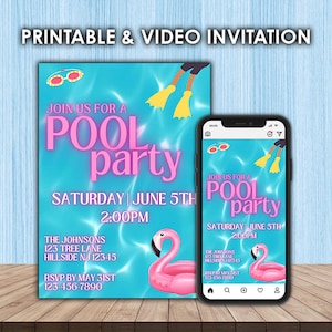 Pool Party Printable & Video Invitation - Editable in Canva - Instant Download - Computer, Print and Mobile Optimized
