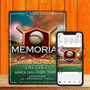 Op de afbeelding: Een kleurrijke uitnodiging voor een softbalwedstrijd. De uitnodiging bevat een honkbal, knuppels en de tekst "MEMORIAL SOFTBALL GAME" met de datum en tijd van het evenement. De uitnodiging bevat ook de tekst "LIVE, LAUGH, LOVE LIKE CHEVY" en de locatie van de wedstrijd.