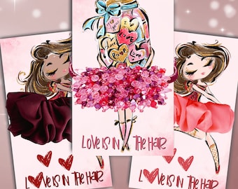 May include: Three illustrations of girls with long brown hair wearing pink dresses with pink and red beads. Each girl is holding a jar filled with hearts that say "Love" on them. The text "Love is in the hair" is written at the bottom of each illustration.