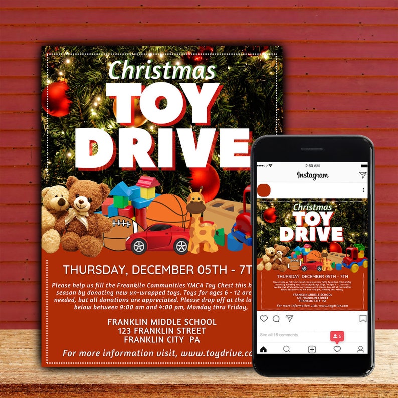 Christmas Toy Drive Flyer & Social Media Post Templates, Editable in ...