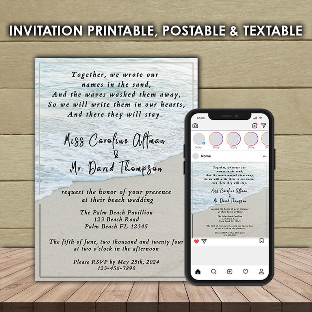 Beach Wedding Invitation Template – Editable Canva Design (instant ...