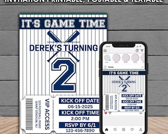 May include: Baseball-themed birthday party invitation with a blue and white striped background. The invitation features a baseball bat and ball, the number 2, and the text "It's Game Time" and "Derek's Turning 2". The invitation also includes a ticket-style design with the date, time, and RSVP information.
