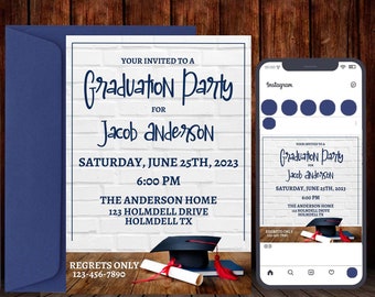 Graduation Party Invitation and Instagram post template, Digital Invite, Iphone Evite 2 Versions 1 Invite and 1 Post, Editable in Canva