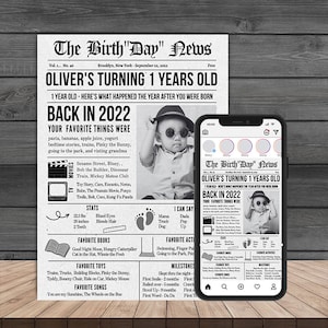 Letrero de periódico para el primer cumpleaños o regalo: editable en Canva. Regalo. Descarga instantánea. Optimizado para computadora, impresión y dispositivos móviles.