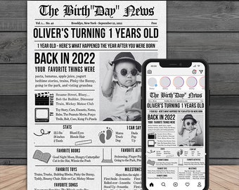 1st Birthday Newspaper Sign/Gift - Editable in Canva - Gift -Instant Download - Computer, Print and Mobile Optimized