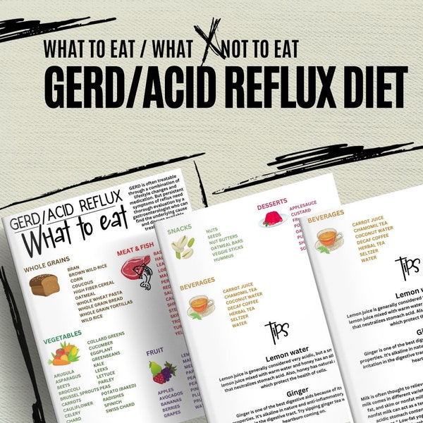 RGO, reflux acide, liste des aliments contre les brûlures d'estomac et guide de régime avec recettes, liste d'épicerie gastrite, 21 fichiers, 1 Pdf avec lien pour modifier dans Canva, 7 Pdf, 7 Jpegs