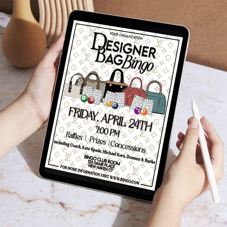 This is a listing for a Designer Bag Bingo Event flyer and Social media post template. Editable in Photoshop and optimized for printing, posting, emailing, and texting.