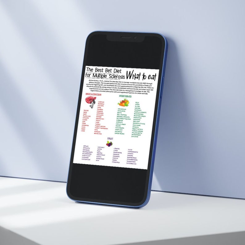 May include: A smartphone displaying a diet plan for multiple sclerosis. The plan includes a list of foods to eat, categorized as meat & protein, vegetables, fruit, and grains. The title of the document is "The Best Bet Diet for Multiple Sclerosis What to eat".