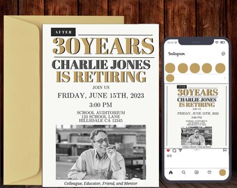 Retirement Party Invitation and Instagram post template, Digital Invite, Iphone Evite 2 Versions 1 Invite and 1 Post, Editable in Canva