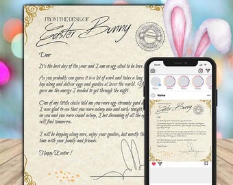 May include: A letter from the Easter Bunny with decorative borders and text. The letter is on a wooden surface, with a smartphone displaying the same letter. Easter bunny ears are visible. The letter's text includes "Happy Easter!"
