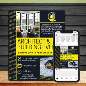 May include: An advertisement for an Architect & Building Event, featuring a dark blue and yellow design. The flyer includes event details, a logo, and a mock-up of a smartphone displaying the same advertisement. The event is both virtual and in-person.