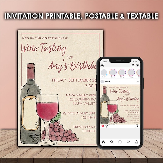 Wine Tasting Brithday Invitation Template Event Editable in