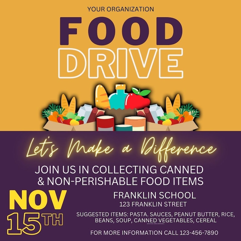 Food Drive Flyer Template Social Media Post Editable in Canva