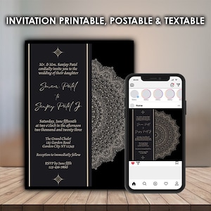 May include: Black and gold wedding invitation with a mandala design. The invitation includes the names Sonam Patel and Sanjay Patel Jr., the date and time of the wedding, and the location. The invitation also includes the RSVP information.