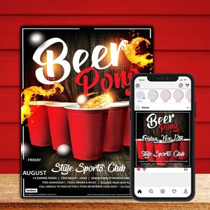 Beer Pong Flyer and Instagram Template, Editable in Photoshop, Instant Download, Digital Art, 3 Versions (10 files) 6 psds and 4 jpegs