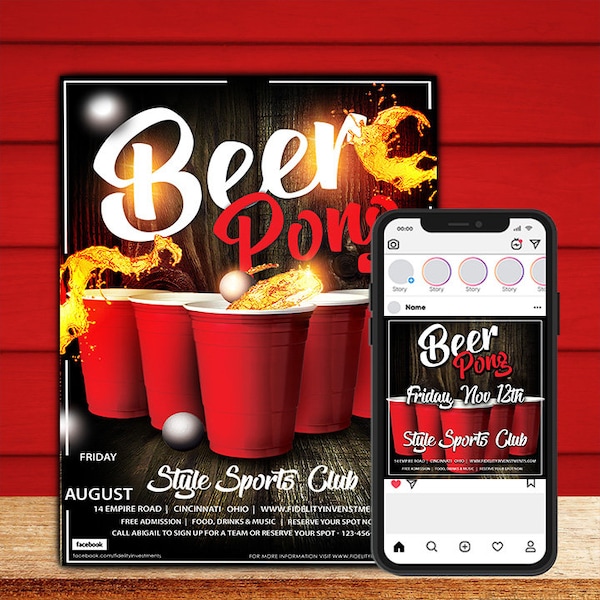 Beer Pong Flyer und Instagram Vorlage, bearbeitbar in Photoshop, Sofort Download, Digital Art, 3 Versionen (10 Dateien) 6 psds und 4 jpegs