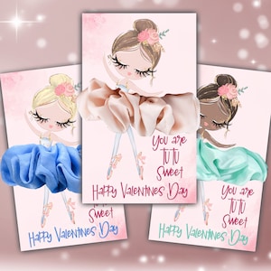 Favores de bailarina personalizables, Tarjeta de San Valentín imprimible, Día de San Valentín, Titular de Scrunchie de bailarina personalizado, Editable en Canva,3 opciones