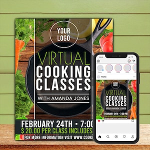 May include: A flyer advertising virtual cooking classes with Amanda Jones. The flyer features a black cast iron skillet, vegetables, and the text "VIRTUAL COOKING CLASSES WITH AMANDA JONES FEBRUARY 24TH - 7:00 $ 20.00 PER CLASS INCLUDES FOR MORE INFORMATION VISIT WWW.COOKI"