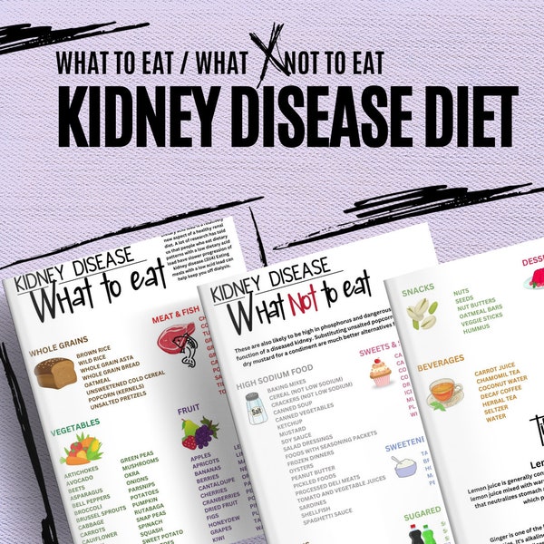 Lebensmittelliste für Nierenerkrankungen und Diätführer, Informationen zur Patientenaufklärung, Einkaufsliste für die Lebensmittelkarte, 1 bearbeitbare Canva-Datei, 8 Jpegs, 8 pdfs
