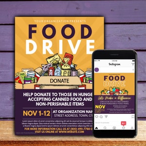 Food Drive Flyer Template - Social Media Post - Editable in Canva - Fundraiser-Template-Instant Download -Computer, Print & Mobile Optimized