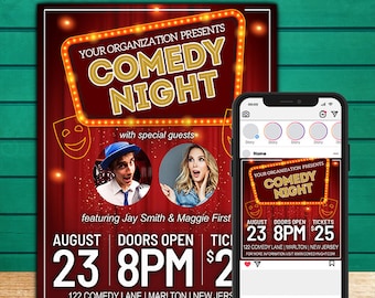 Puede incluir: Un cartel rojo y dorado con un diseño de marquesina vintage que anuncia una noche de comedia. El cartel presenta el texto "Your Organisation Presents Comedy Night" con la fecha y la hora "August 23, 8PM" y la ubicación "122 Comedy Lane, Marlton, New Jersey".