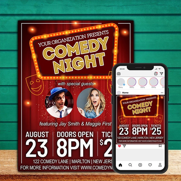 Comedy Night Flyer and Instagram Post template, Digital download, Editable Photoshop, Optimized for Printing and Mobile,  1 Flyer and 1 Post