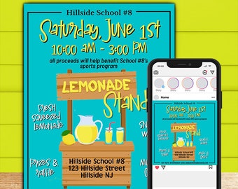 Lemonade Stand Flyer and Instagram Post Template, Editable Photoshop Template, Instant Download, 3 Versions (10 files) 6 psds,4 jpeg