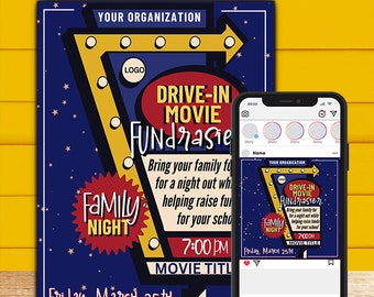 Movie Night Flyer and Instagram Post Template, Editable Canva Template, Family Night, Fundraiser, 1 Flyer and 1 Instagram post