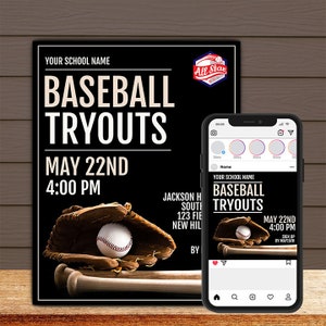 Baseball Flyer and Instagram Post Template -Editable in Photoshop - Print, Phone and Computer Optimized -3 Versions(10 files) 6 psds&4 jpegs