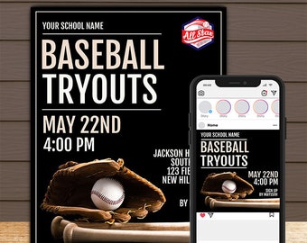 Baseball Flyer and Instagram Post Template -Editable in Photoshop - Print, Phone and Computer Optimized -3 Versions(10 files) 6 psds&4 jpegs
