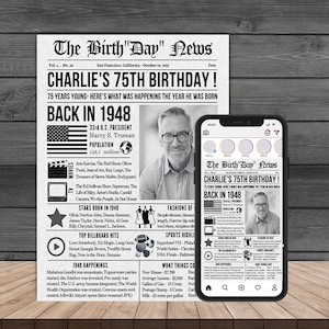 75 Birthday Newspaper Sign/Gift - Editable in Canva - Gift - Instant Download - Computer, Print and Mobile Optimized
