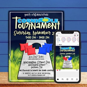 Corn Hole Flyer and Instagram Post Templates, Editable Sport Schedule, Digital Download, Editable in Photoshop 1 Flyer and 1 Instagram Post